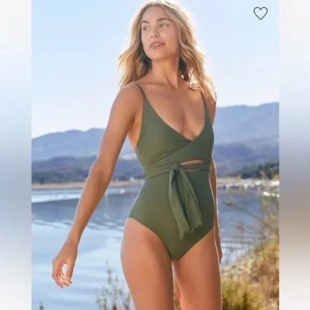AERIE one piece wrap swimsuit in olive green size L